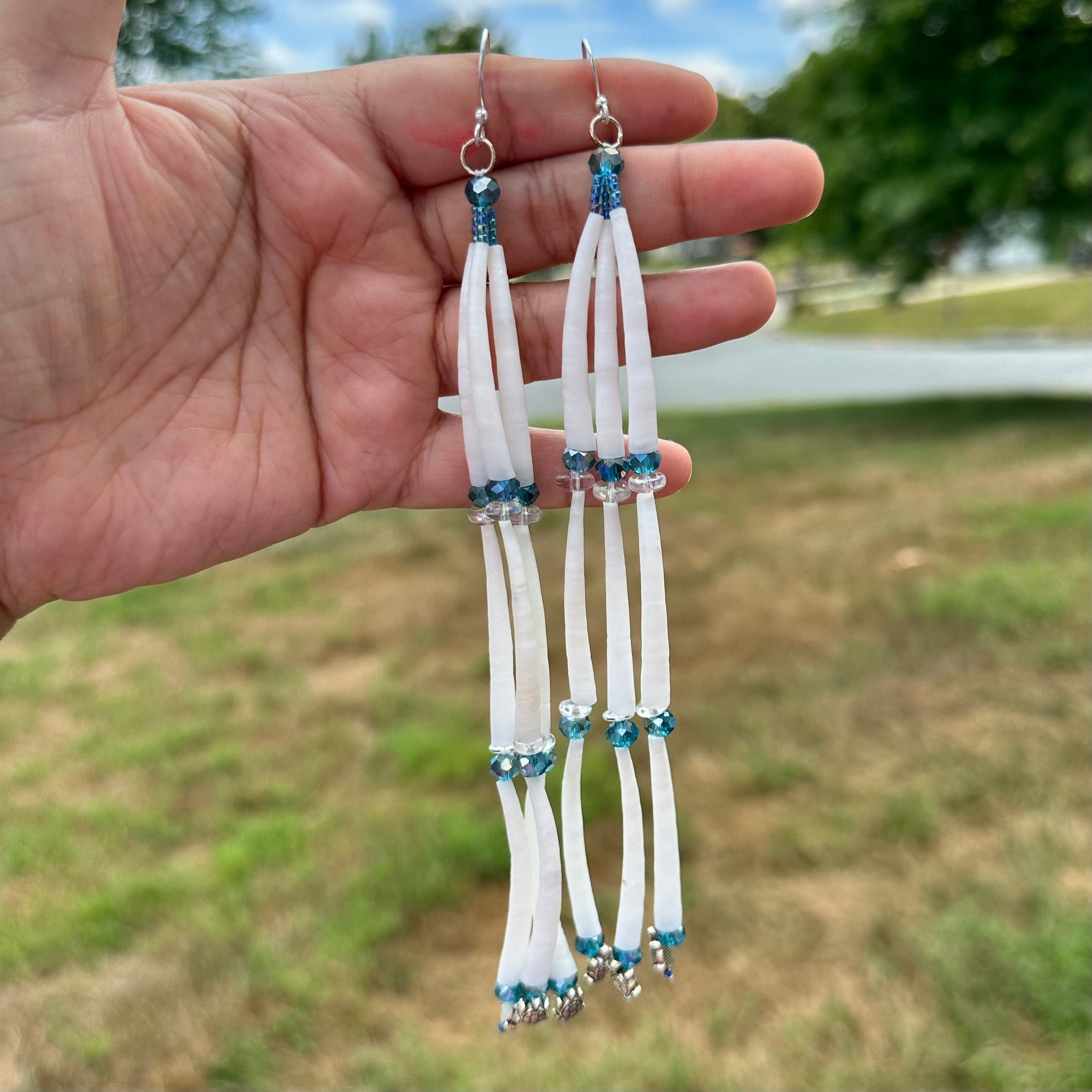 Long Dentalium Earrings Blue by Darlene Jacobs